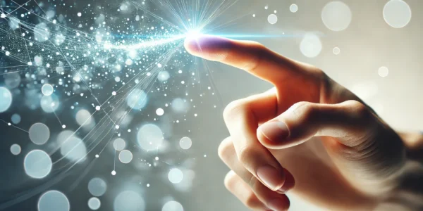 DALL·E 2024-09-10 11.08.06 - A clean and modern image showing a close-up of a human hand pointing forward with glowing particles of light emanating from the fingertip. The backgro